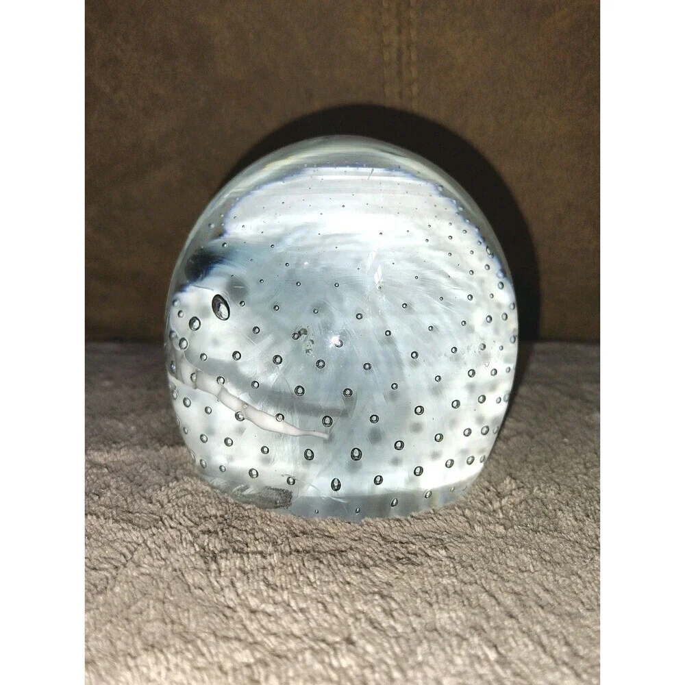 Vintage Controlled Bubble Art Glass Paperweight White & Smoky Black Swirl 3.5